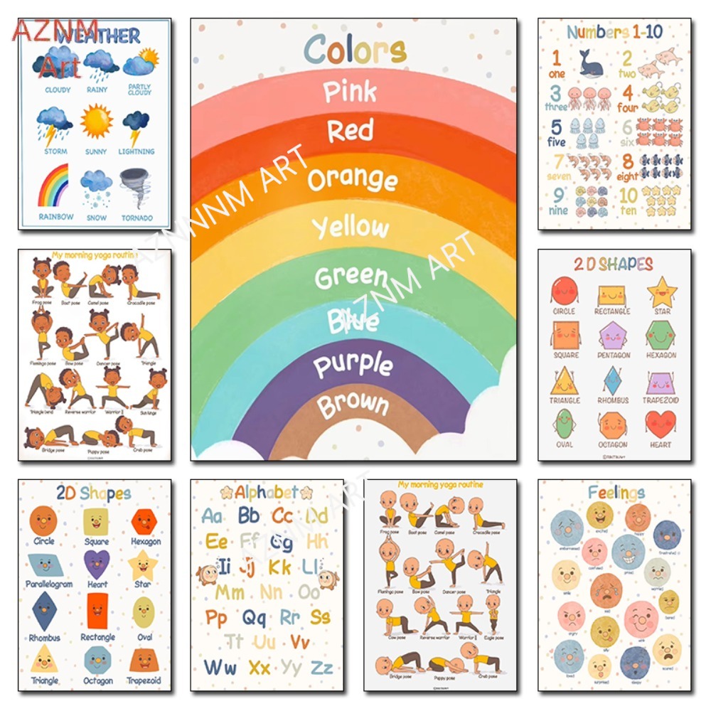 Kids Yoga Education - โปสเตอร์ภาพพิมพ์บนผ้าใบสำหรับตกแต่งผนังห้องเรียนเด็กแบบมอนเตสซอรี่ 1 ชิ้น ลายสีสัน รูปทรงเรขาคณิต และสภาพอากาศ