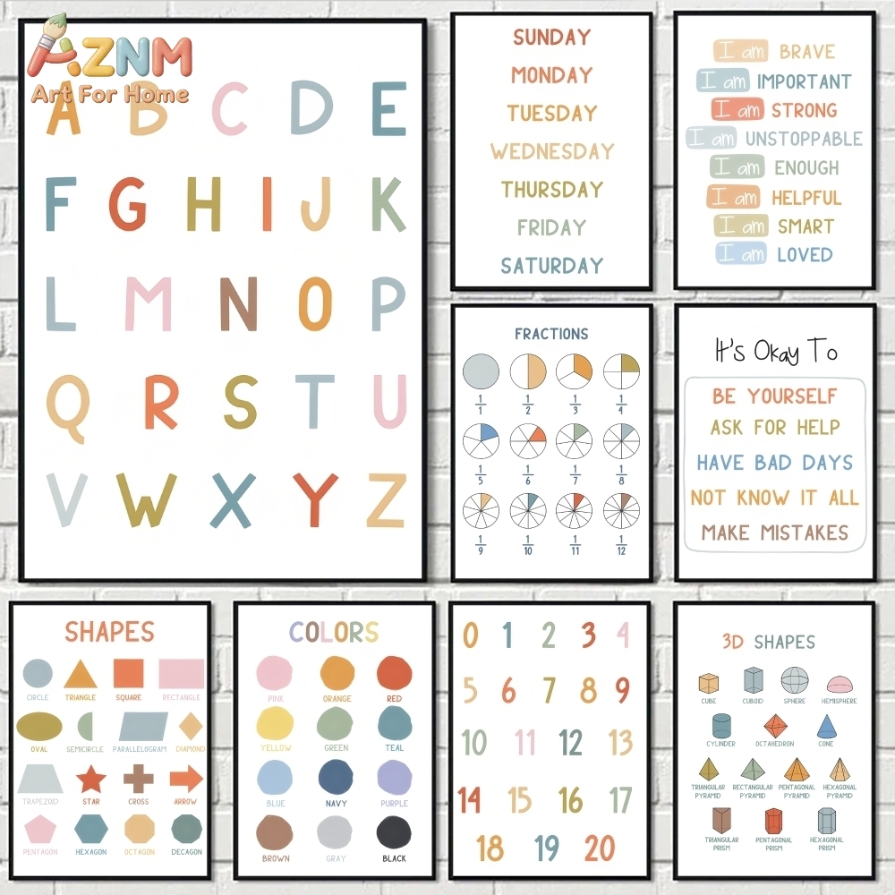 Kids Education Learning - AZNM ศิลปะบนผืนผ้าใบแบบไม่มีกรอบสำหรับการศึกษาตัวอักษรและตัวเลข, โปสเตอร์การเรียนรู้สำหรับเด็ก, ของตกแต่งห้องเรียนสำหรับเด็กเล็ก, สีทาแบบไม่มีกรอบ