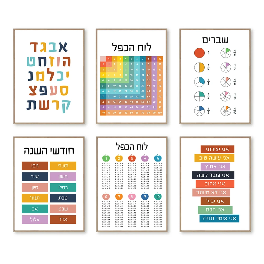 Kids Education Quotes - โปสเตอร์ศิลปะการศึกษาตัวอักษรฮีบรู ภาพวาดบนผ้าใบติดผนัง วัสดุการเรียนคณิตศาสตร์สำหรับห้องเรียนเด็ก คำคมสายรุ้ง ของตกแต่งห้องเด็ก ของตกแต่งบ้าน