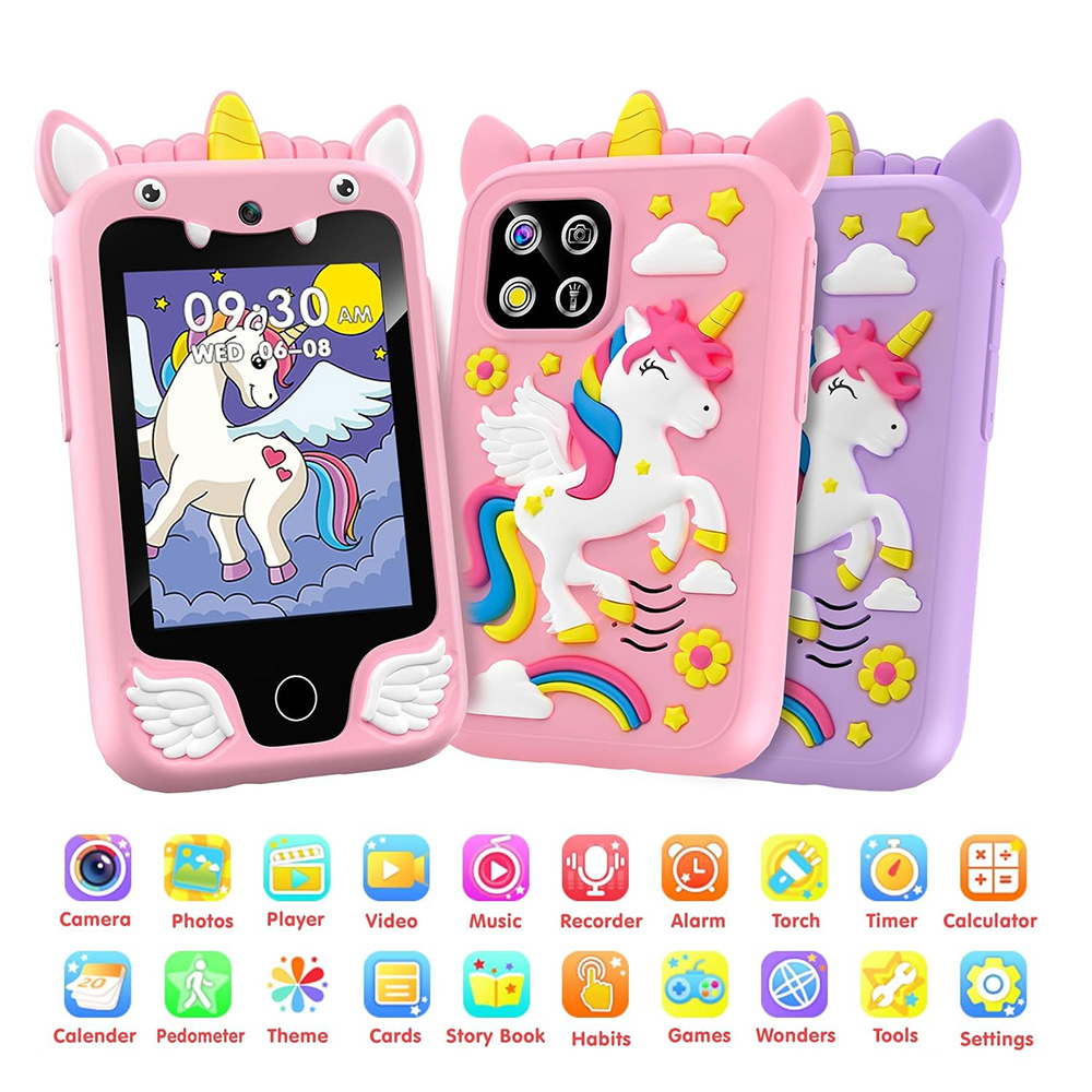 Kids Education Mobile - เด็กกล้องสมาร์ทโฟนของเล่นหน้าจอสัมผัสเด็กยูนิคอร์นมือถือ MP3 Player กล้องดิจิตอลของเล่นเพื่อการศึกษาสําหรับเด็กผู้หญิงอายุ 3-8