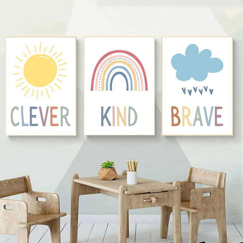 Kids Education Quotes - ภาพพิมพ์บนผ้าใบลายเมฆสายรุ้งพระอาทิตย์น่ารัก โปสเตอร์ติดผนังคำคมสร้างแรงบันดาลใจเรียบง่าย สำหรับห้องเด็ก ห้องรับเลี้ยงเด็ก ตกแต่งบ้านสไตล์โมเดิร์น