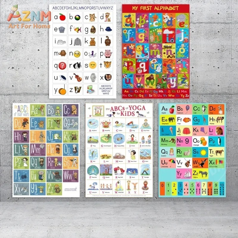 Kids Yoga Education - AZNM โปสเตอร์ผ้าใบไร้กรอบสำหรับเด็ก ตัวอักษรภาษาอังกฤษ ภาพพิมพ์เพื่อการศึกษา, ตัวอักษร ABC