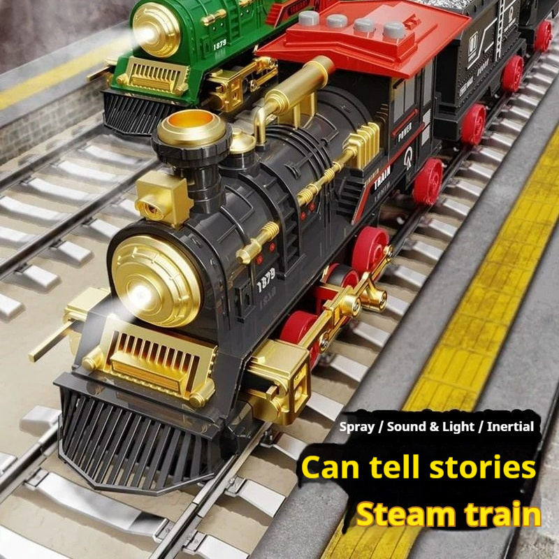 Kids Education Story - ชุดรถไฟไอน้ำไฟฟ้าสำหรับเด็ก ของเล่นย้อนยุค พร้อมราง ควัน เสียง แสงไฟ