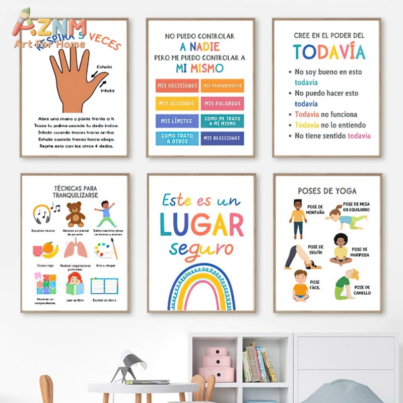 Kids Yoga Education - AZNM ภาพพิมพ์บนผ้าใบสำหรับเด็กภาษาสเปน เรื่องสุขภาพจิต โยคะเพื่อความสงบ การหายใจ สถานที่ปลอดภัย